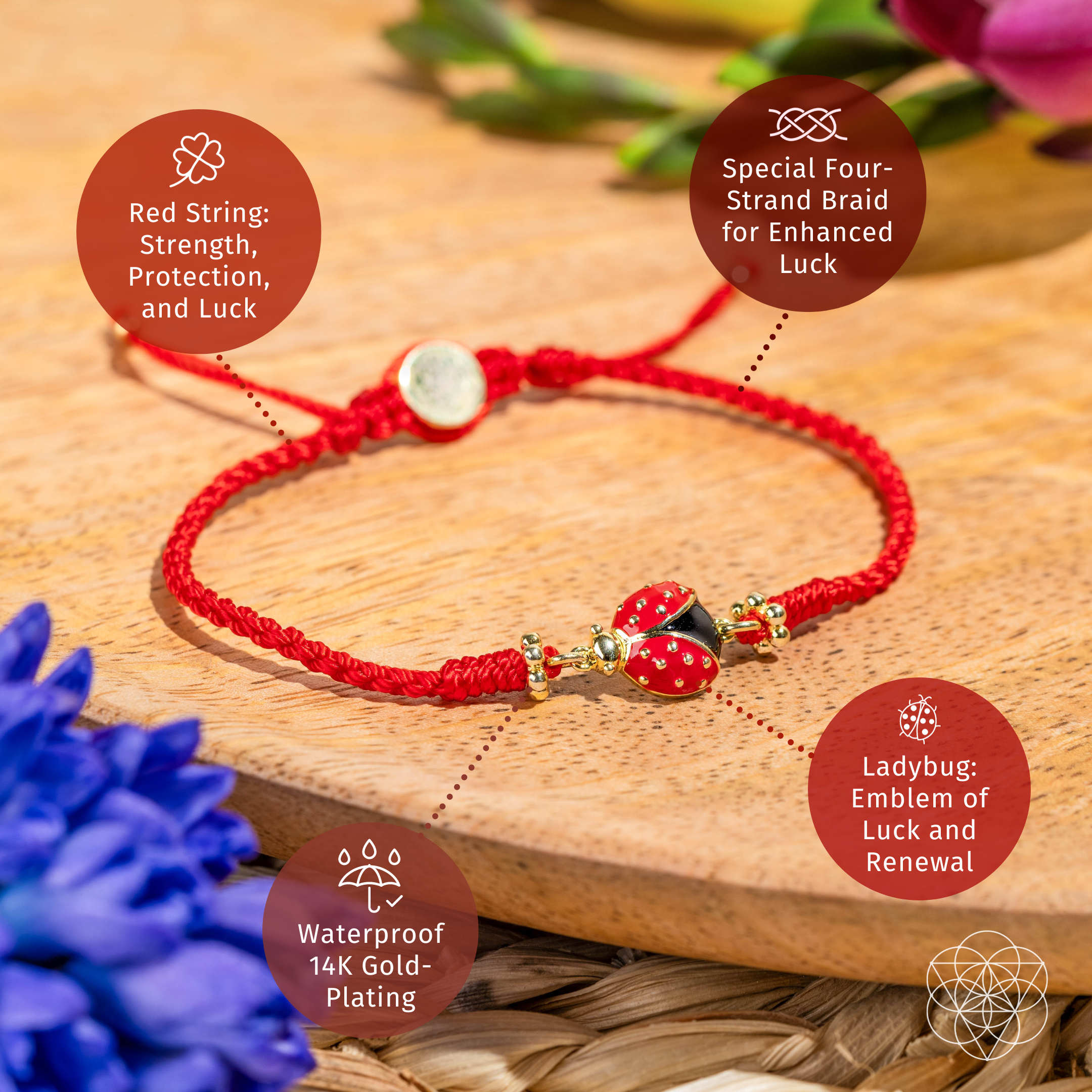 Lucky Ladybug - Four-Strand Red String Bracelet