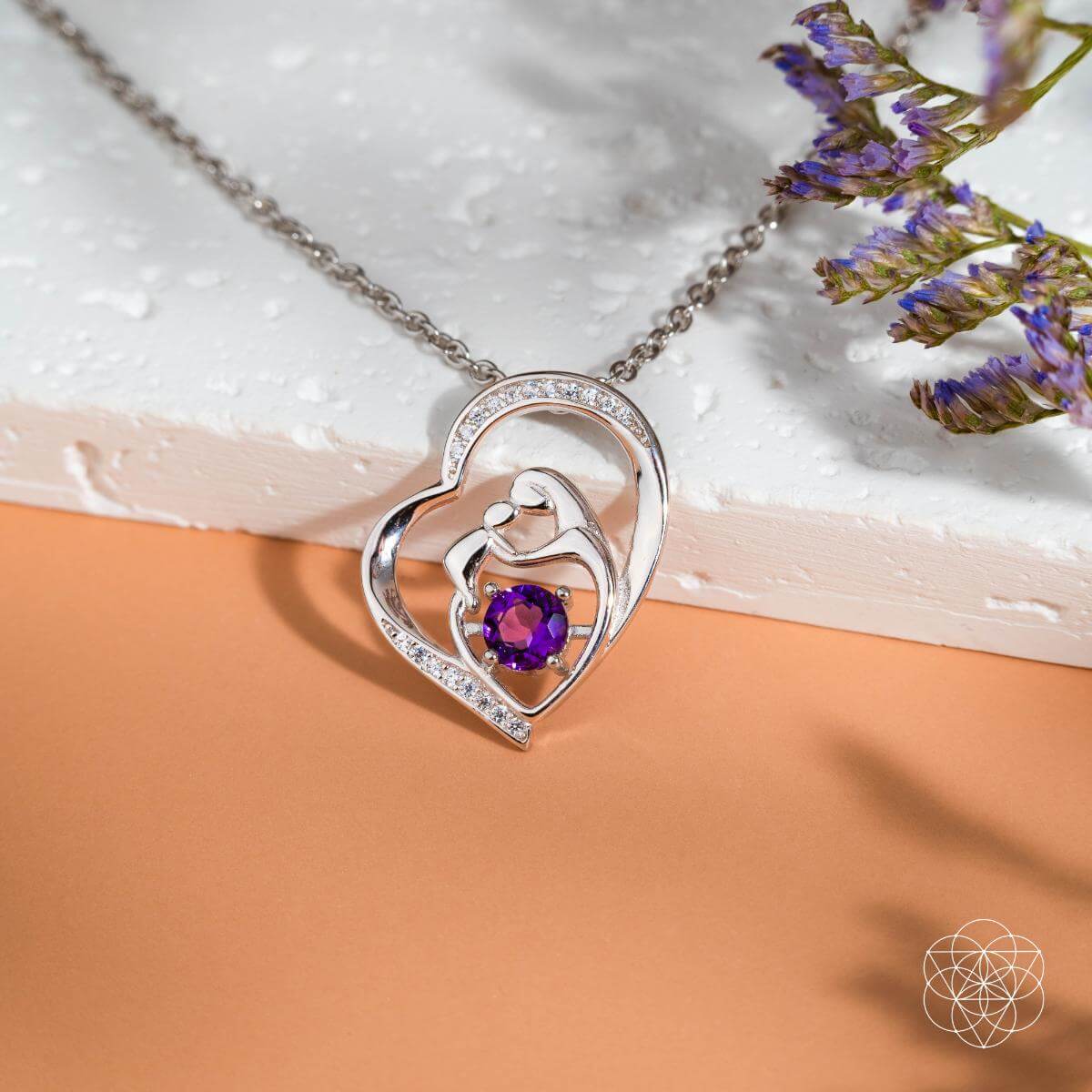 Unbreakable Bond - Mother &amp; Child Crystal Heart Pendant with Amethyst