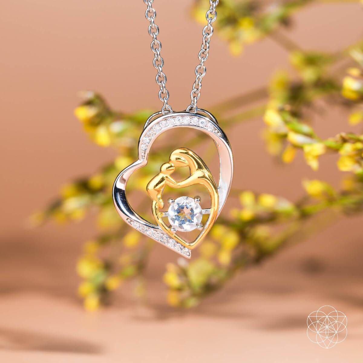 Unbreakable Bond - Mother &amp; Child Crystal Heart Pendant with Clear Quartz