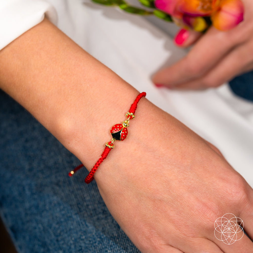 Vibrant Luck - Ladybug Red String Bracelet, Fair Trade Product, with Authentic Gemstones, Blessed by A Singing Bowl