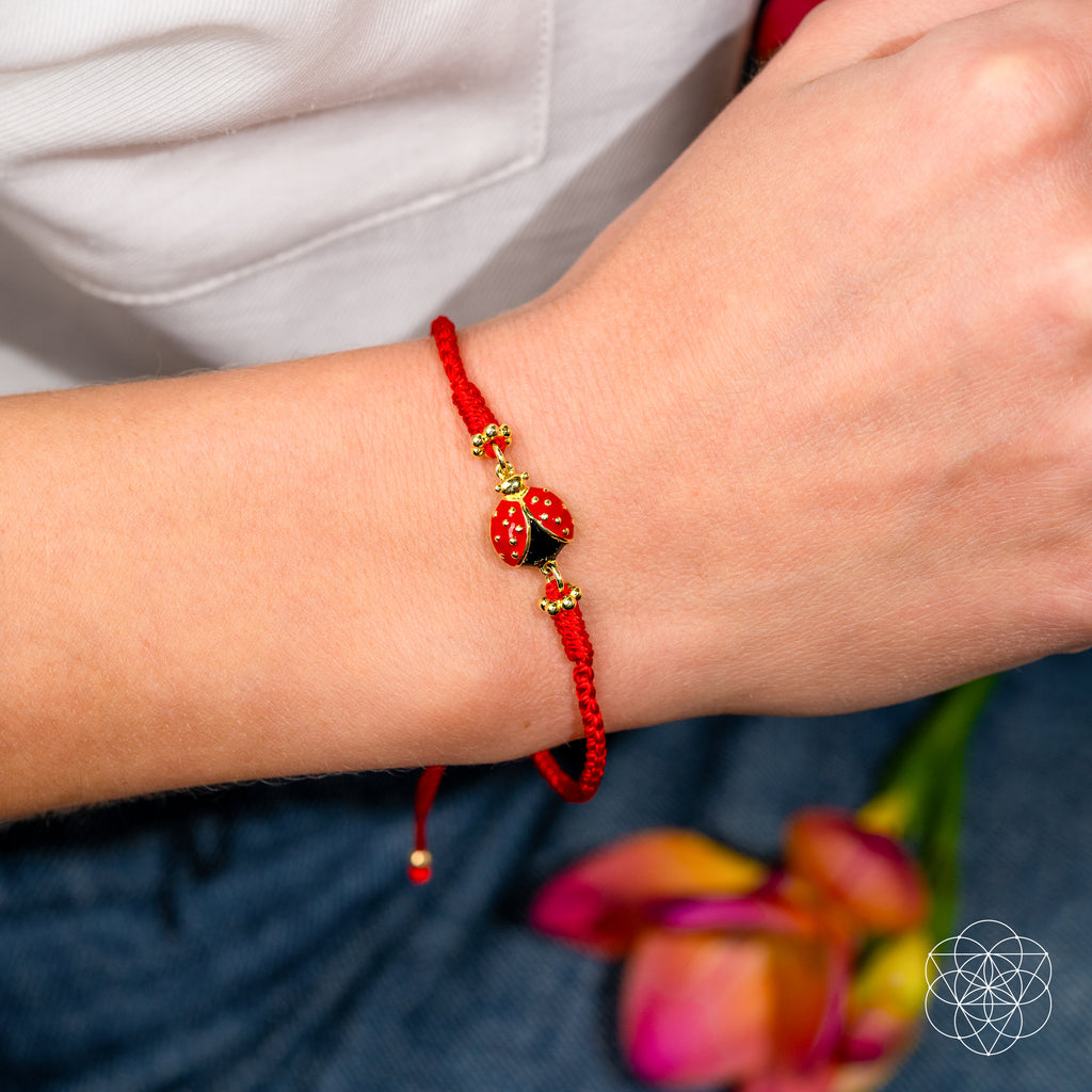 Vibrant Luck - Ladybug Red String Bracelet, Fair Trade Product, with Authentic Gemstones, Blessed by A Singing Bowl
