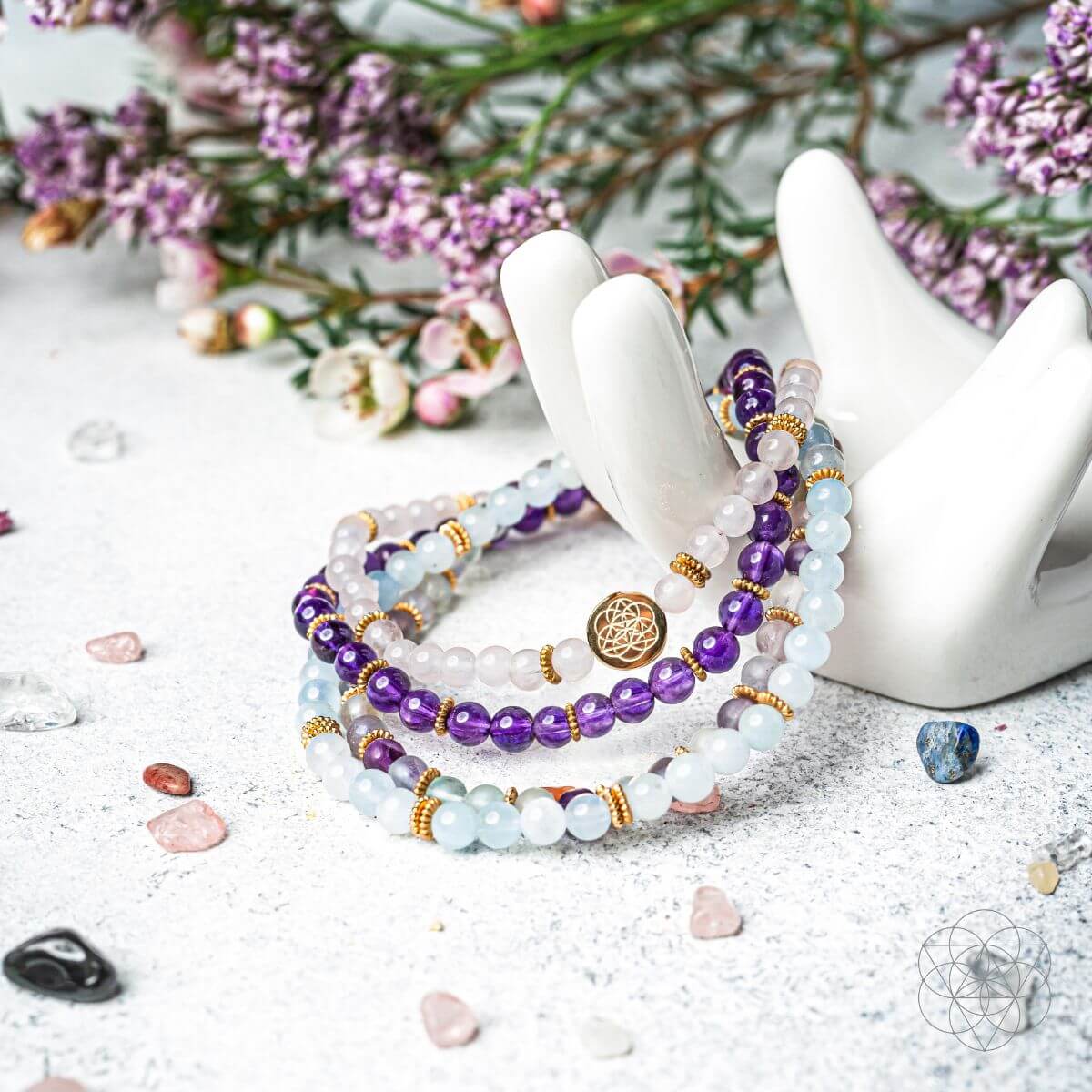Clear Skies - Amethyst, Aquamarine, Rose Quartz & Fluorite Bracelet Pack of 4, four bracelets with 4mm stone beads