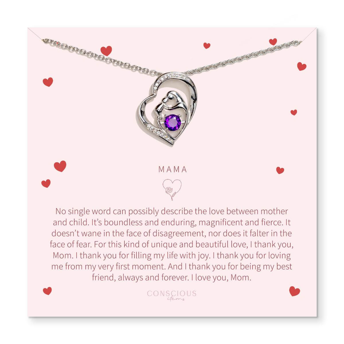 Unbreakable Bond - Mother &amp; Child Crystal Heart Pendant with Amethyst