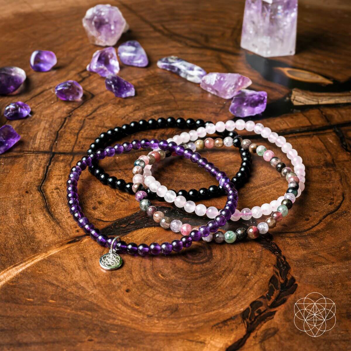 At Ease - Bracelet Set of 4 Crystals, amethyst, rose quartz and tourmaline bead bracelets