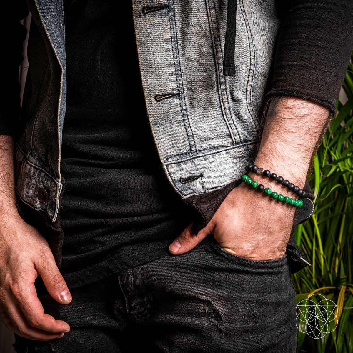 Steady Mind - Malachite & Onyx Double Bracelet worn stacked on a man&