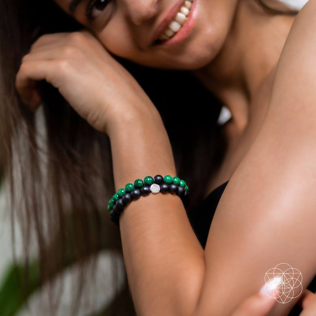 Steady Mind - Malachite & Onyx Double Bracelet worn stacked on a woman&