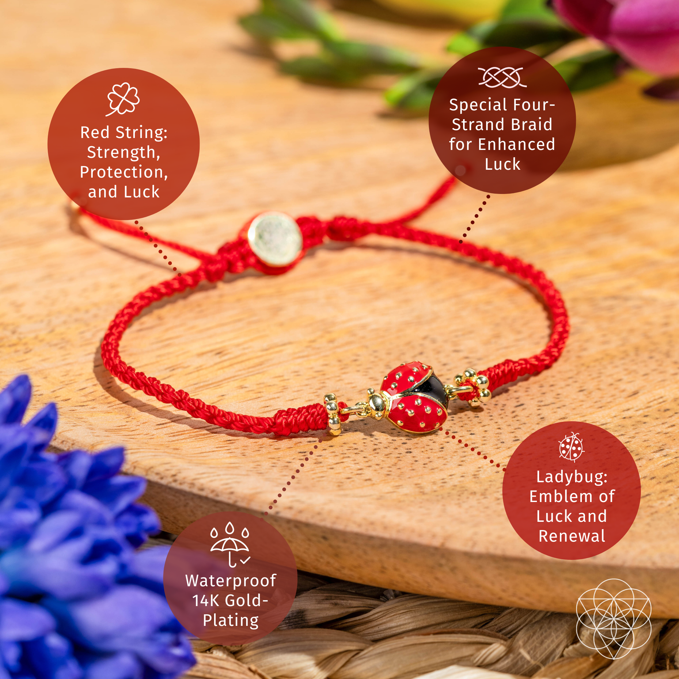 Lucky Ladybug - Bracelet à cordes rouges à quatre brins