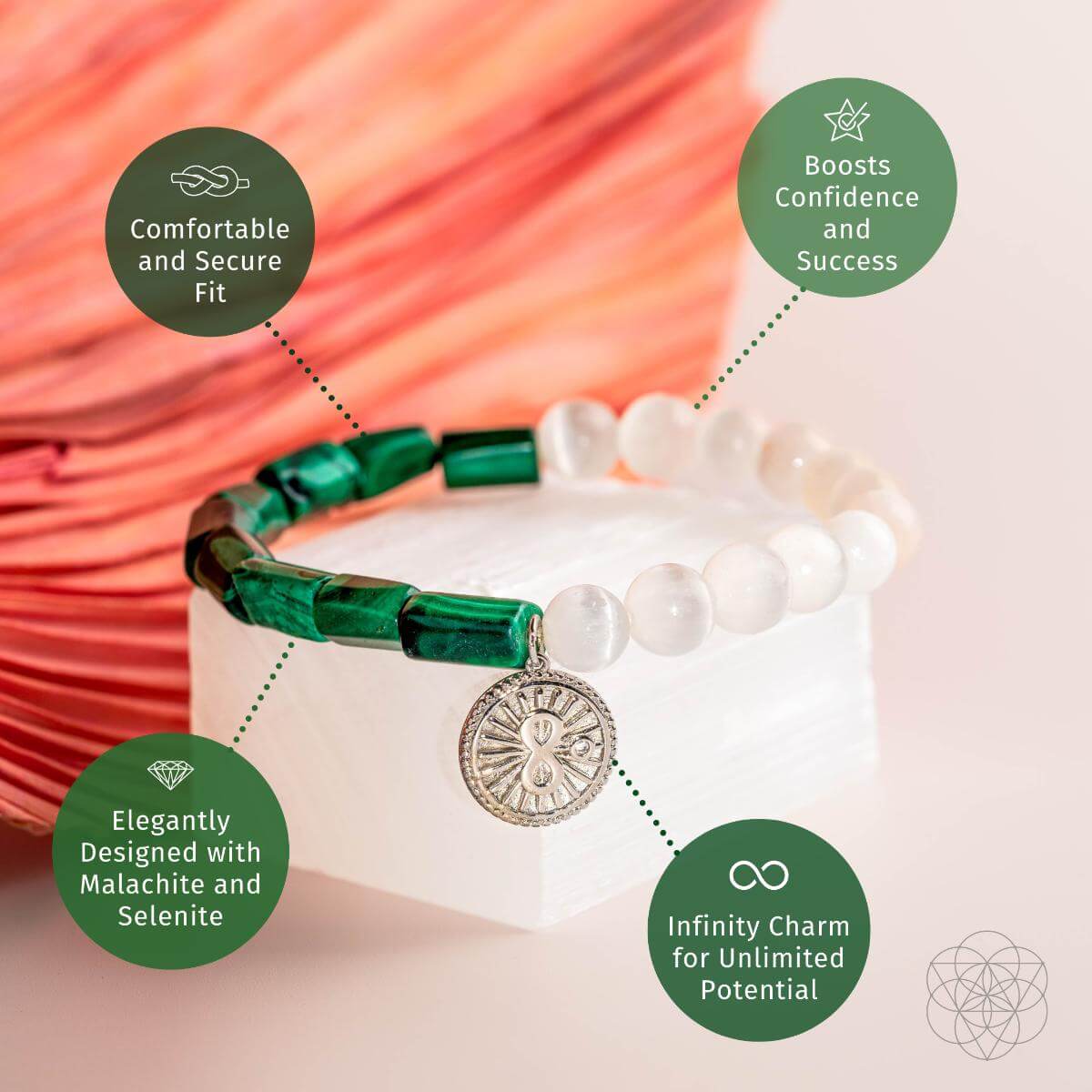 Triumph infini - Bracelet de réussite de la malachite et de la sélénite