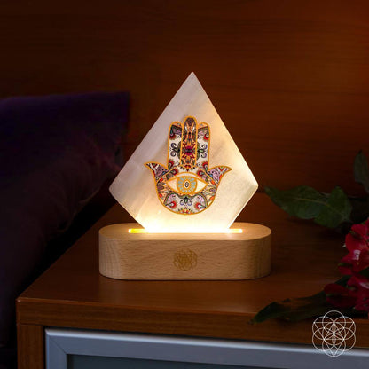 Lâmpada de selenita da mão Hamsa Hamsa