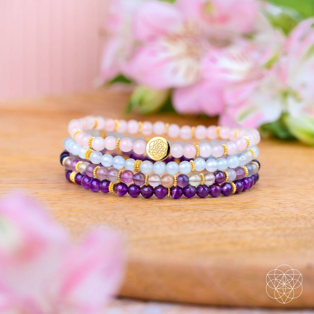Clear Skies - Amethyst, Aquamarine, Rose Quartz &amp; Fluorite Bracelet Pack of 4, four bracelets with 4mm stone beads