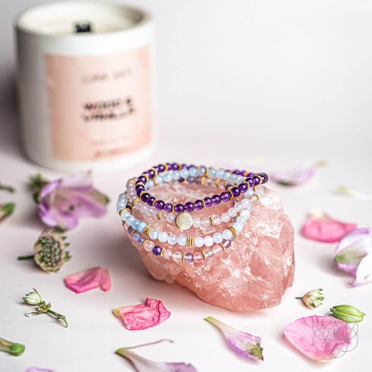 Clear Skies - Amethyst, Aquamarine, Rose Quartz &amp; Fluorite Bracelet Pack of 4, four bracelets with 4mm stone beads