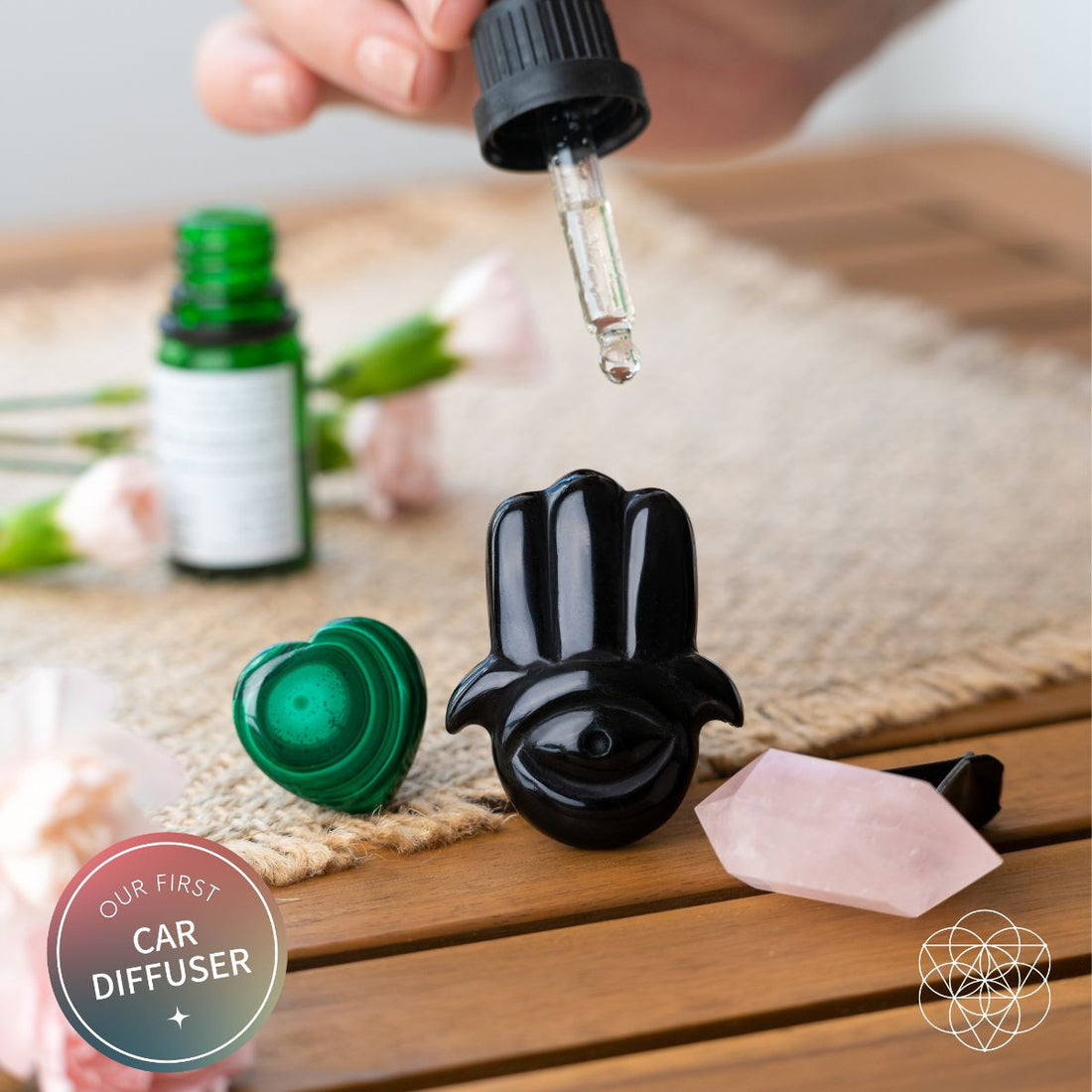 Hamsa Hand of Safe Travels: Aromatherapy Crystal Car Kit - Conscious Items