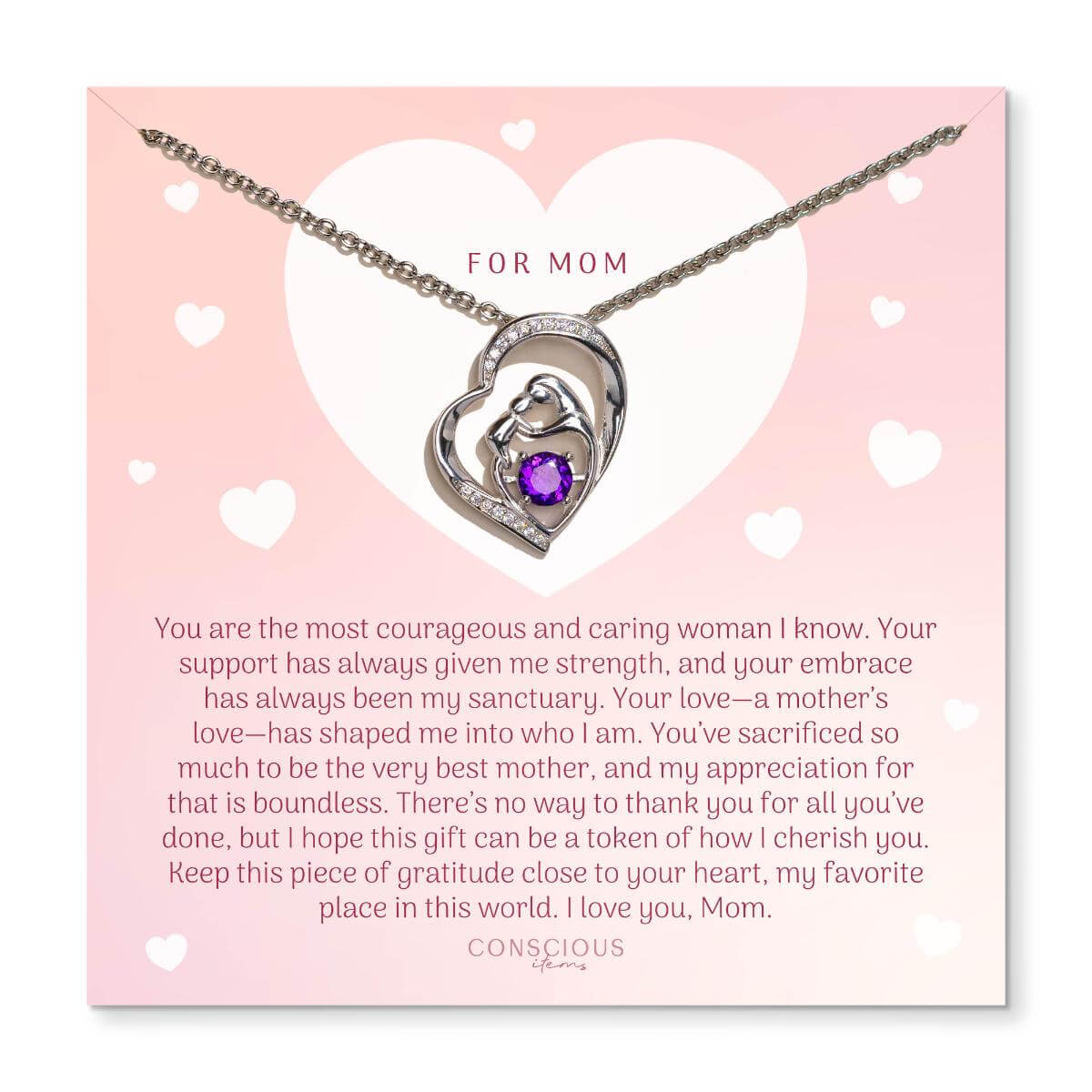 Unbreakable Bond - Mother &amp; Child Crystal Heart Pendant with Amethyst