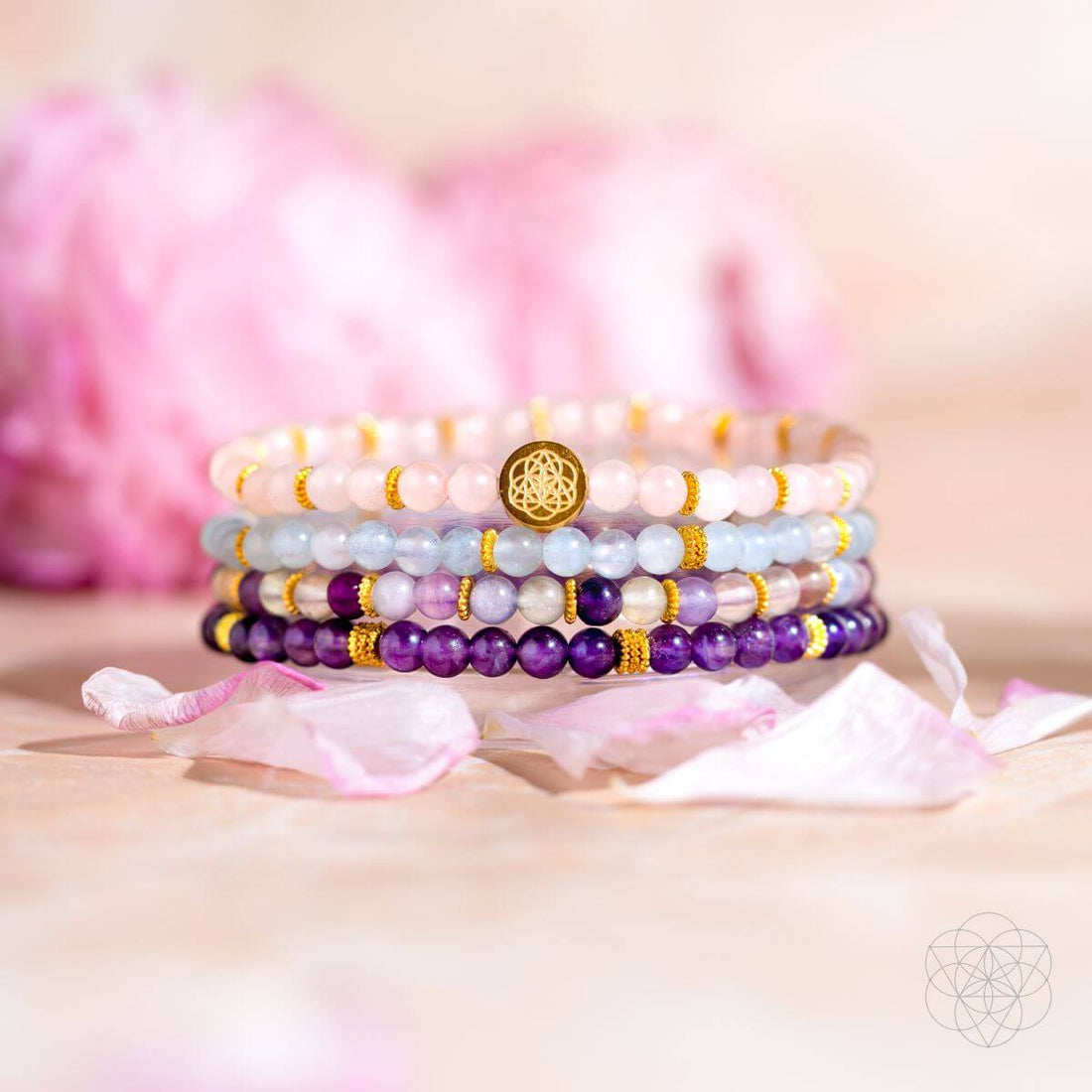 Clear Skies - Amethyst, Aquamarine, Rose Quartz &amp; Fluorite Bracelet Pack of 4, four bracelets with 4mm stone beads