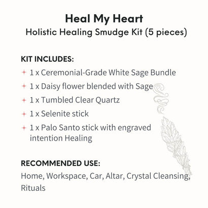 Cure meu coração - kit de smudge holístico de cura (5 peças)