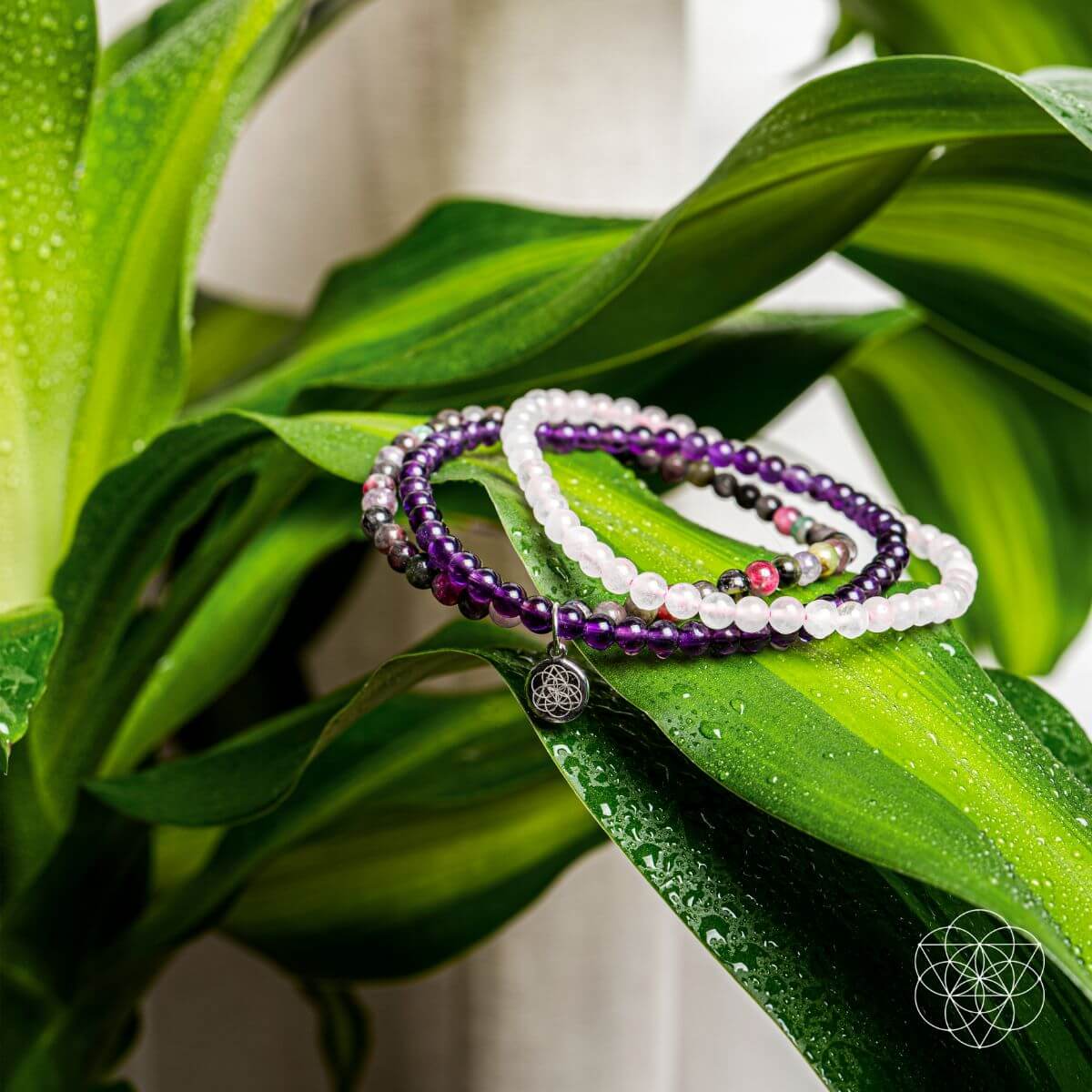 At Ease - Bracelet Set of 4 Crystals, amethyst, rose quartz and tourmaline bead bracelets