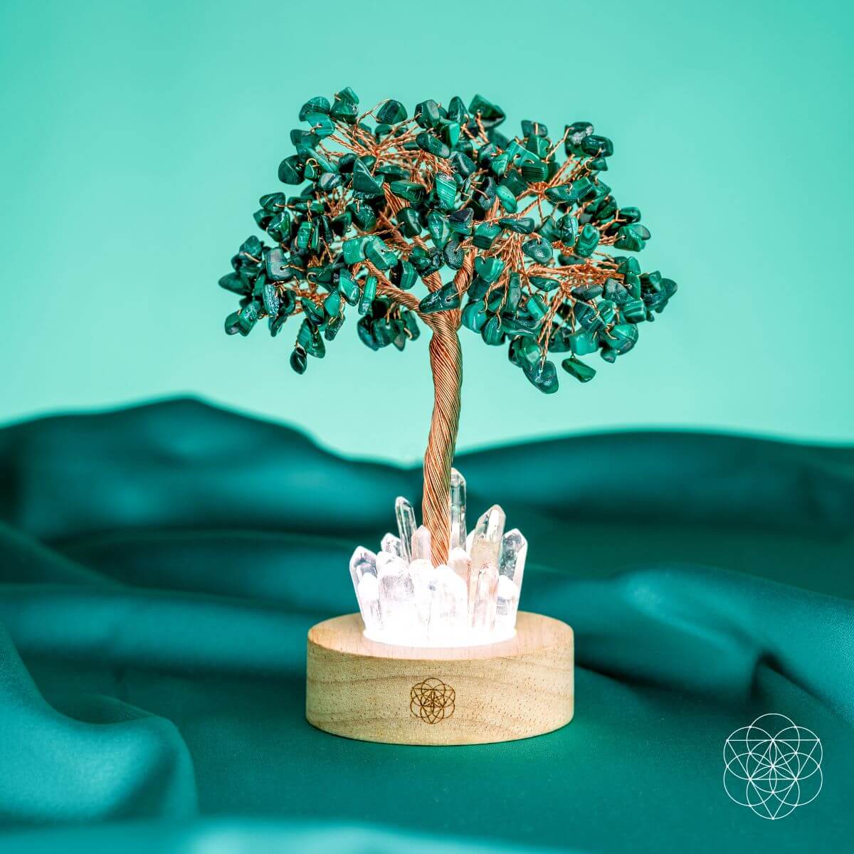 Unwind - Malachite Tree Lamp, a green malachite crystal tree with clear quartz at the base