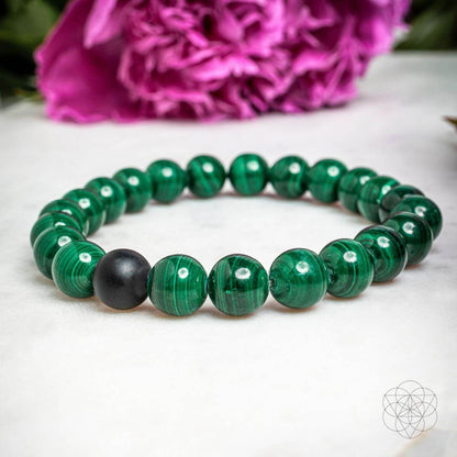 Steady Mind - Malachite &amp; Onyx Double Bracelet, malachite bracelet with one black onyx bead on marble