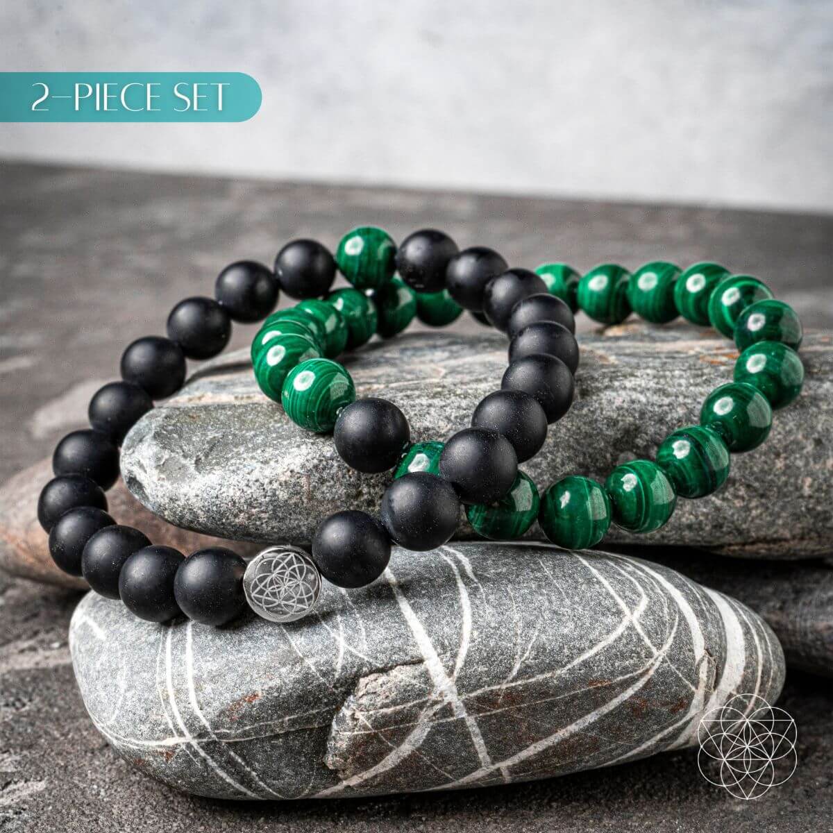 Steady Mind - Malachite &amp; Onyx Double Bracelet, two bracelets resting on grey stones