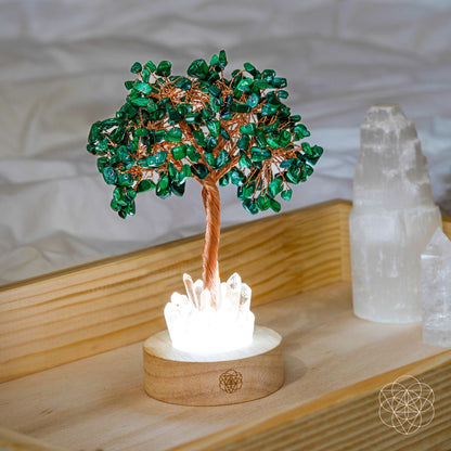 Unwind - Malachite Tree Lamp, a green malachite crystal tree with clear quartz at the base
