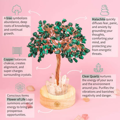 Unwind - Malachite Tree Lamp, a green malachite crystal tree with clear quartz at the base