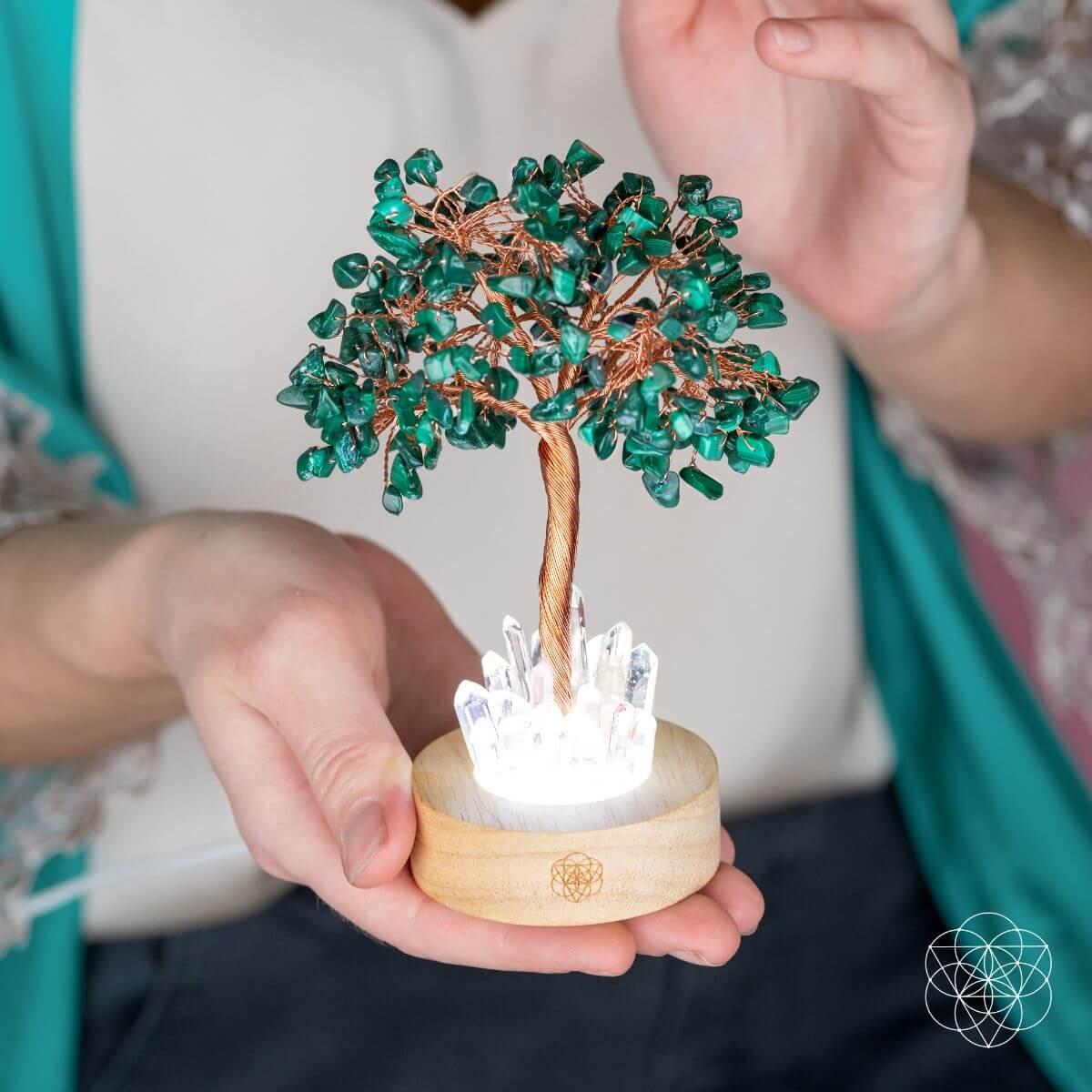 Unwind - Malachite Tree Lamp, a green malachite crystal tree with clear quartz at the base