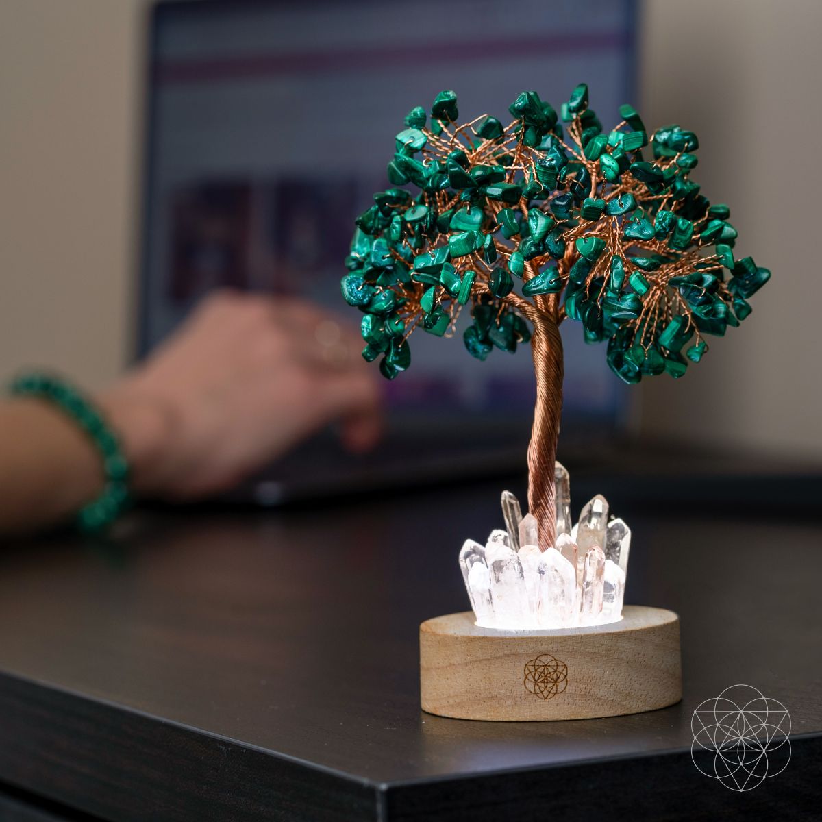 Unwind - Malachite Tree Lamp, a green malachite crystal tree with clear quartz at the base