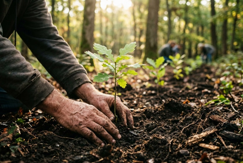 A farmer planting a young tree